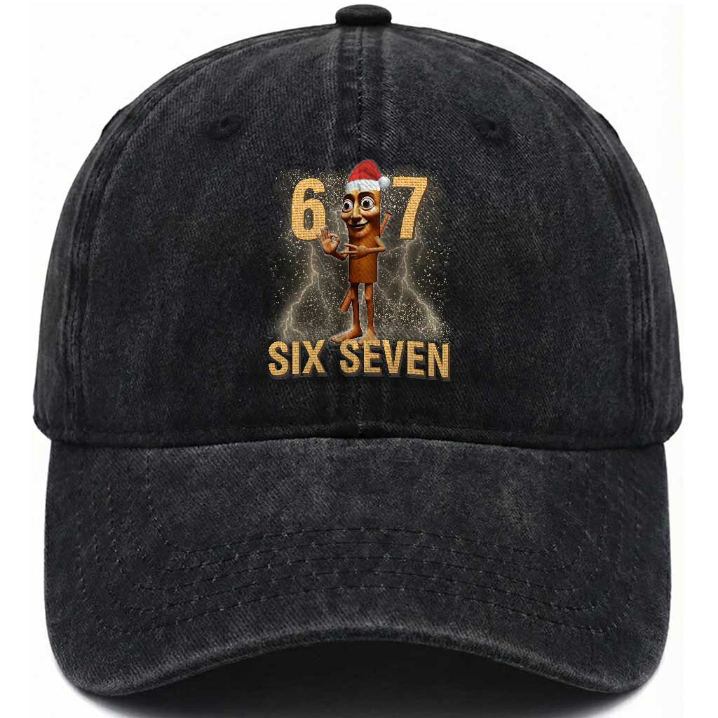 67 Six Seven Italian Brainrot Meme Washed Cotton Baseball Cap Funny Tung Tung Tung Sahur Christmas TS14 Washed Cap Universal Fit Black Print Your Wear