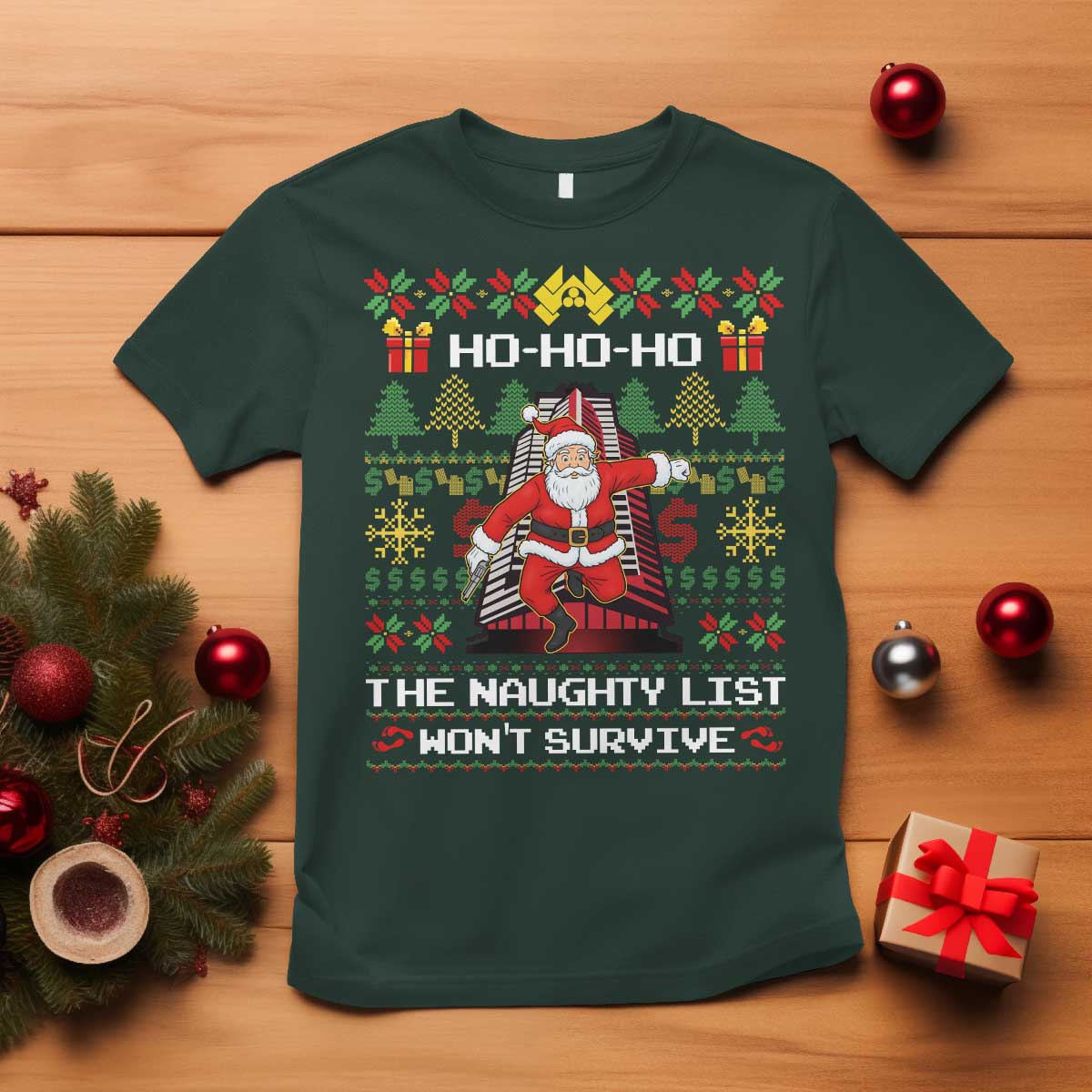 Nakatomi Plaza Christmas T Shirt Funny Santa Gun Cosplay Xmas TS14 Dark Forest Green Print Your Wear