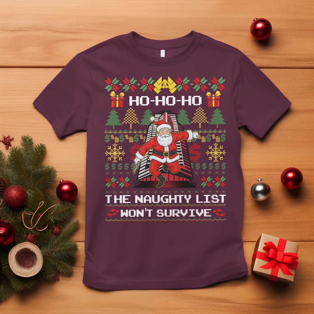 Nakatomi Plaza Christmas T Shirt Funny Santa Gun Cosplay Xmas TS14 Maroon Print Your Wear