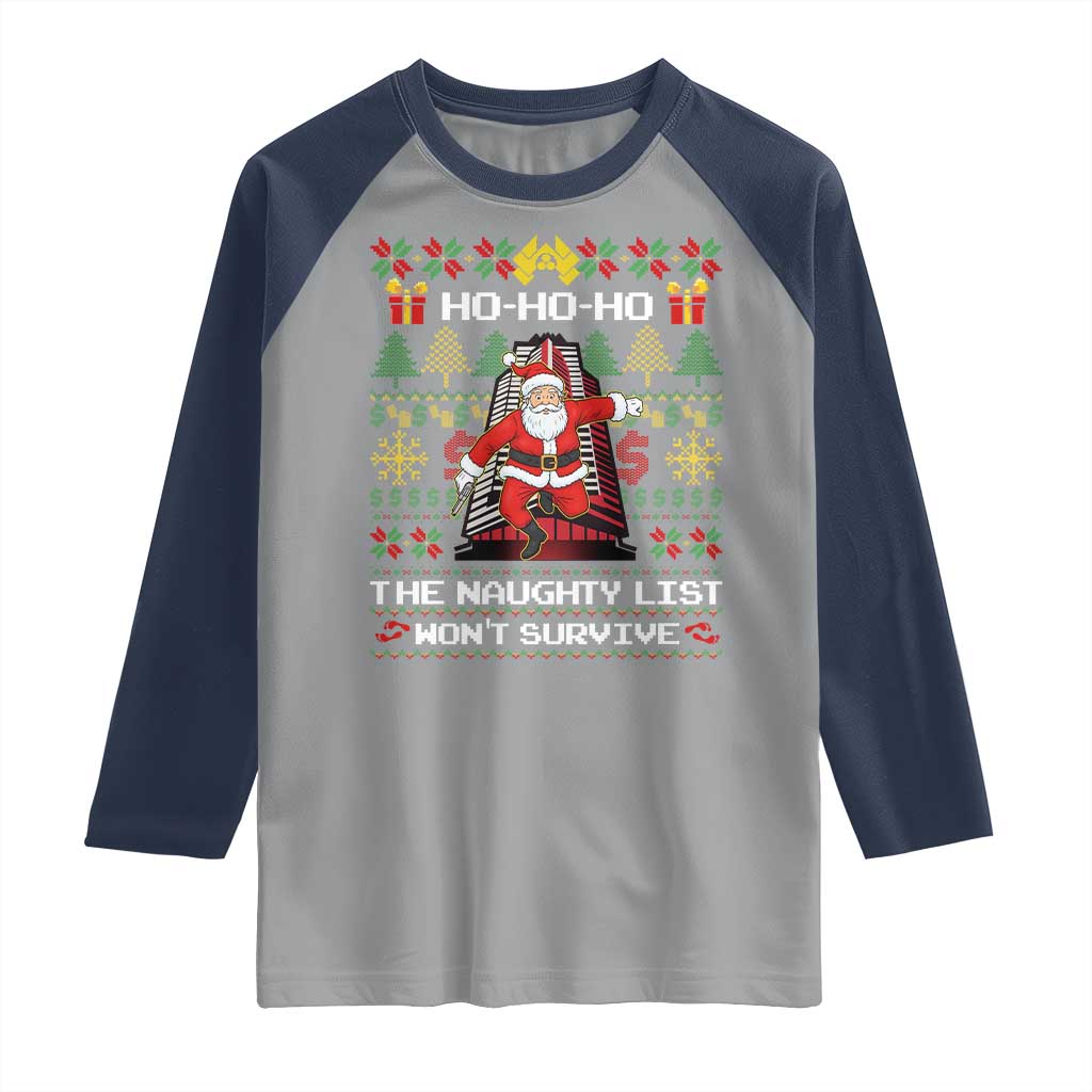 Nakatomi Plaza Christmas Raglan Shirt Funny Santa Gun Cosplay Xmas TS14 Sport Gray Navy Print Your Wear