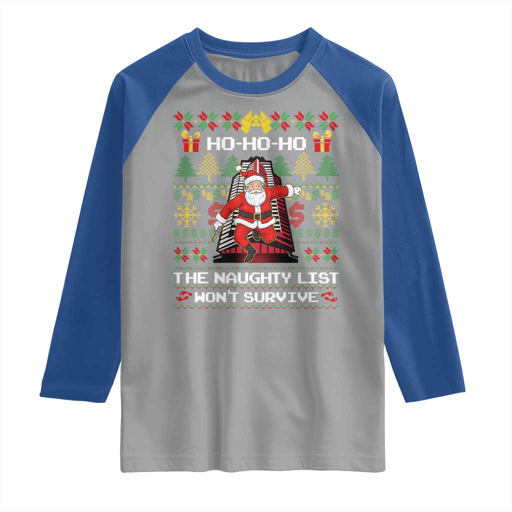 Nakatomi Plaza Christmas Raglan Shirt Funny Santa Gun Cosplay Xmas TS14 Sport Gray Royal Print Your Wear