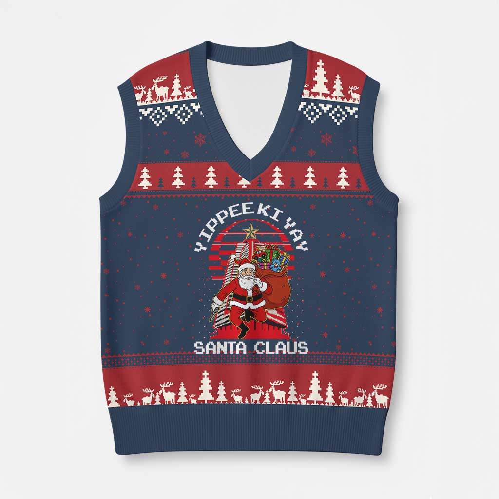 Nakatomi Plaza Xmas V-Neck Knit Sweater Vest Yippee Ki Yay Santa Claus TS14 Navy Red Print Your Wear
