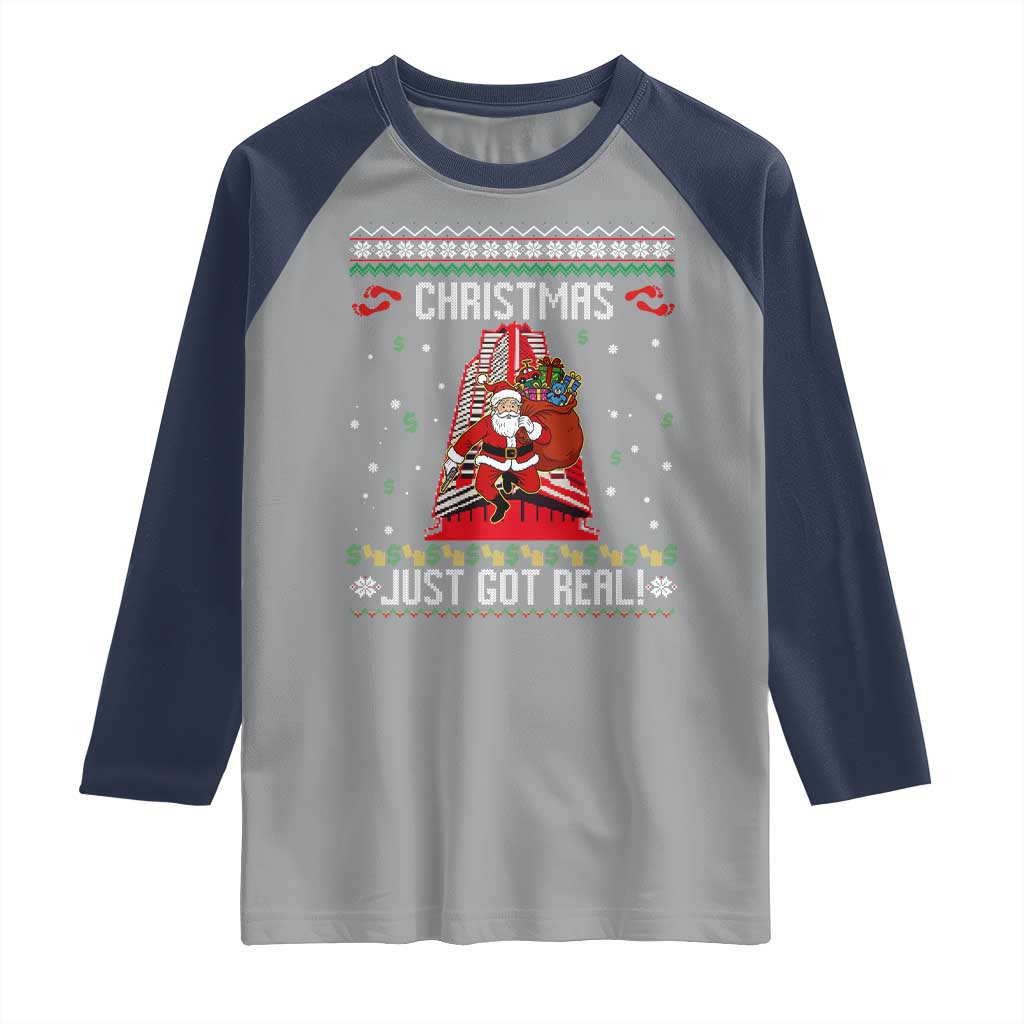 Nakatomi Plaza Christmas Raglan Shirt Just Got Real TS14 Sport Gray Navy Print Your Wear