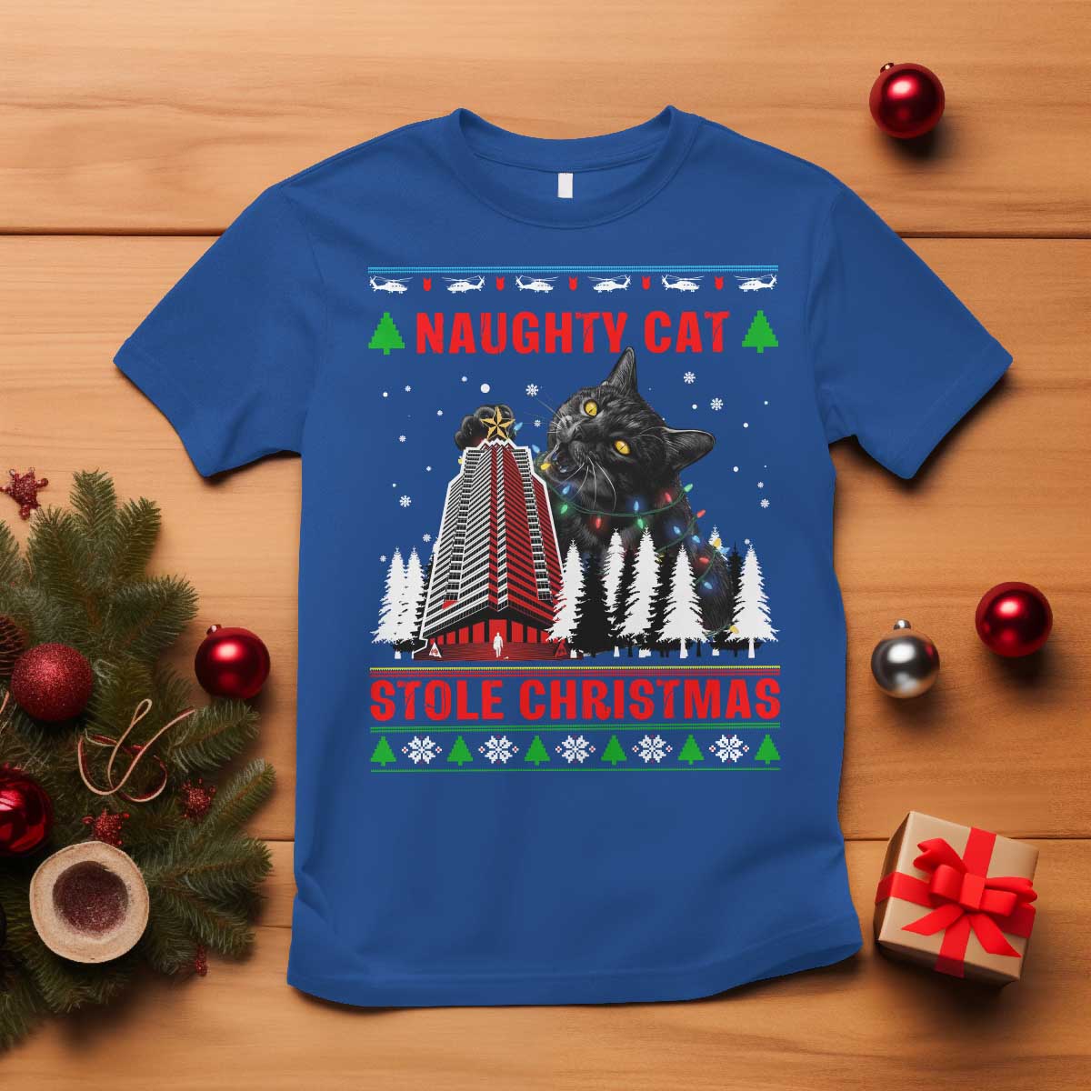 Nakatomi Plaza Christmas T Shirt Funny Naughty Santa Cat Humor TS14 Royal Blue Print Your Wear
