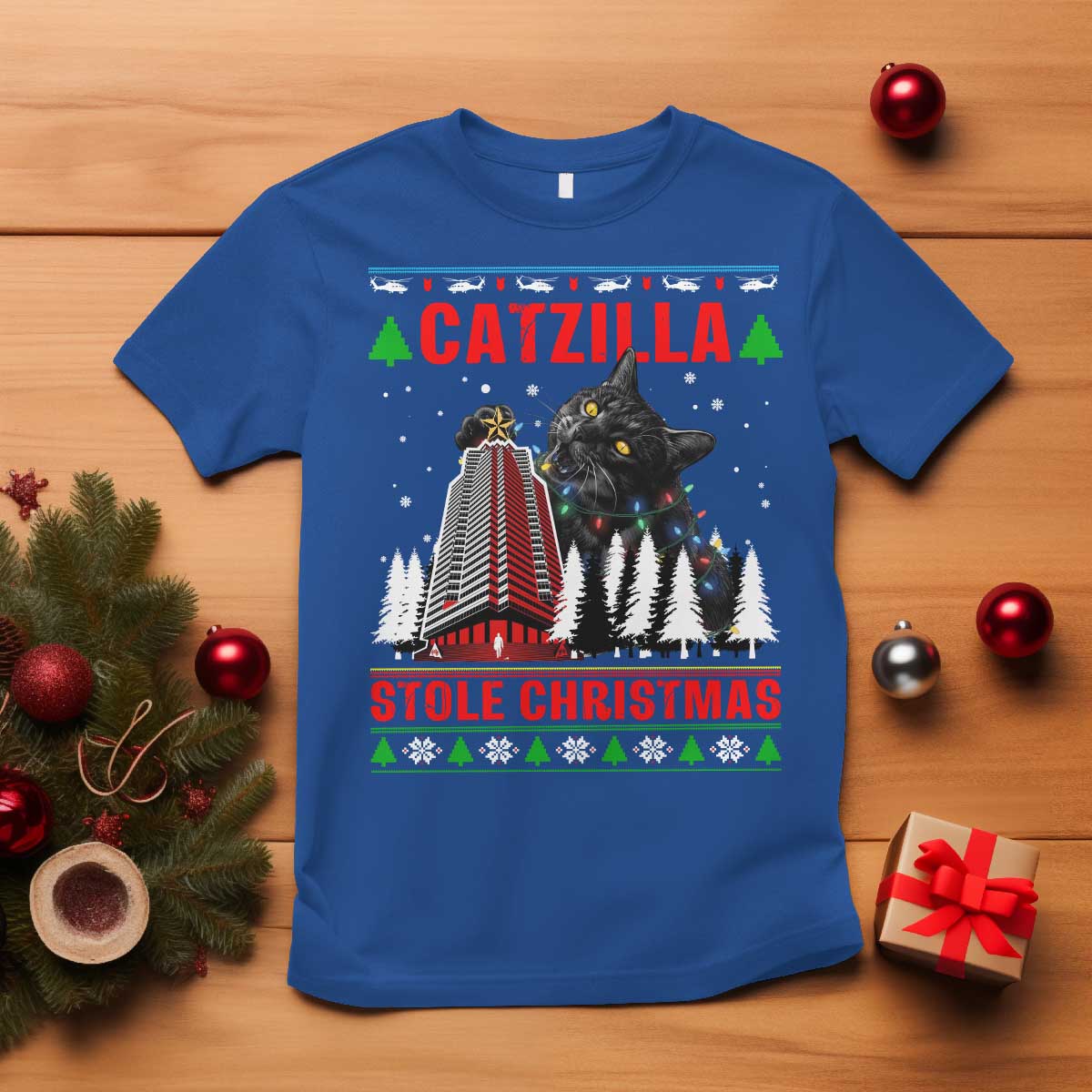 Nakatomi Plaza Christmas T Shirt Funny Catzilla Monster Xmas TS14 Royal Blue Print Your Wear
