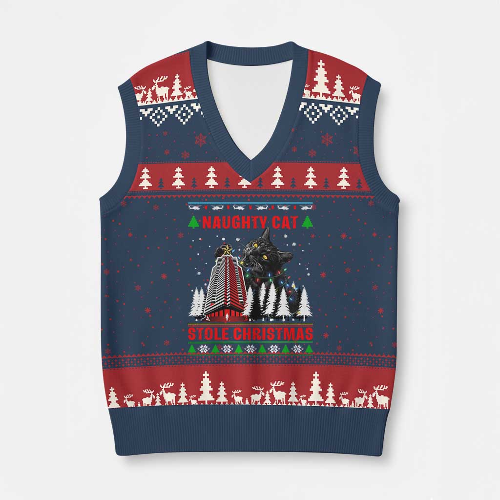 Nakatomi Plaza Christmas V-Neck Knit Sweater Vest Funny Naughty Santa Cat Humor TS14 Navy Red Print Your Wear