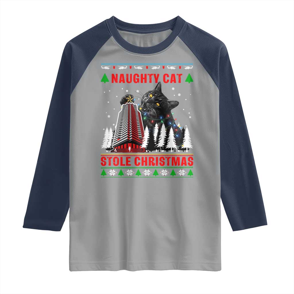 Nakatomi Plaza Christmas Raglan Shirt Funny Naughty Santa Cat Humor TS14 Sport Gray Navy Print Your Wear