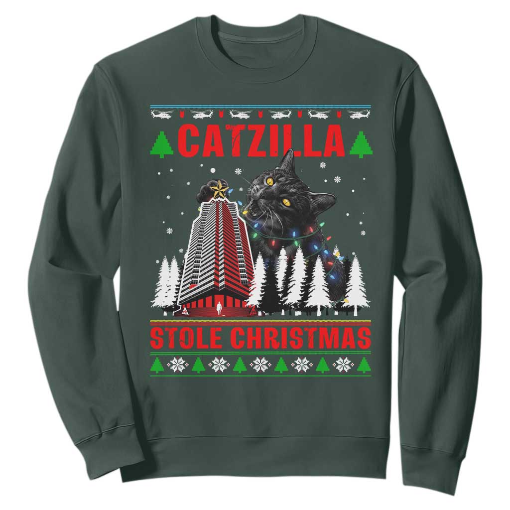 Nakatomi Plaza Christmas Sweatshirt Funny Catzilla Monster Xmas TS14 Dark Forest Green Print Your Wear