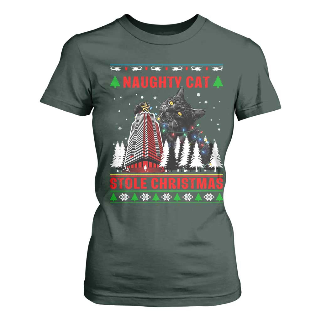 Nakatomi Plaza Christmas T Shirt For Women Funny Naughty Santa Cat Humor TS14 Dark Forest Green Print Your Wear