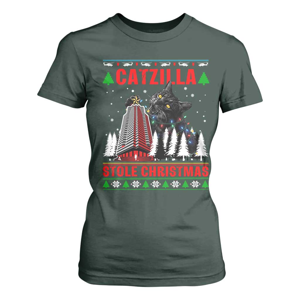 Nakatomi Plaza Christmas T Shirt For Women Funny Catzilla Monster Xmas TS14 Dark Forest Green Print Your Wear