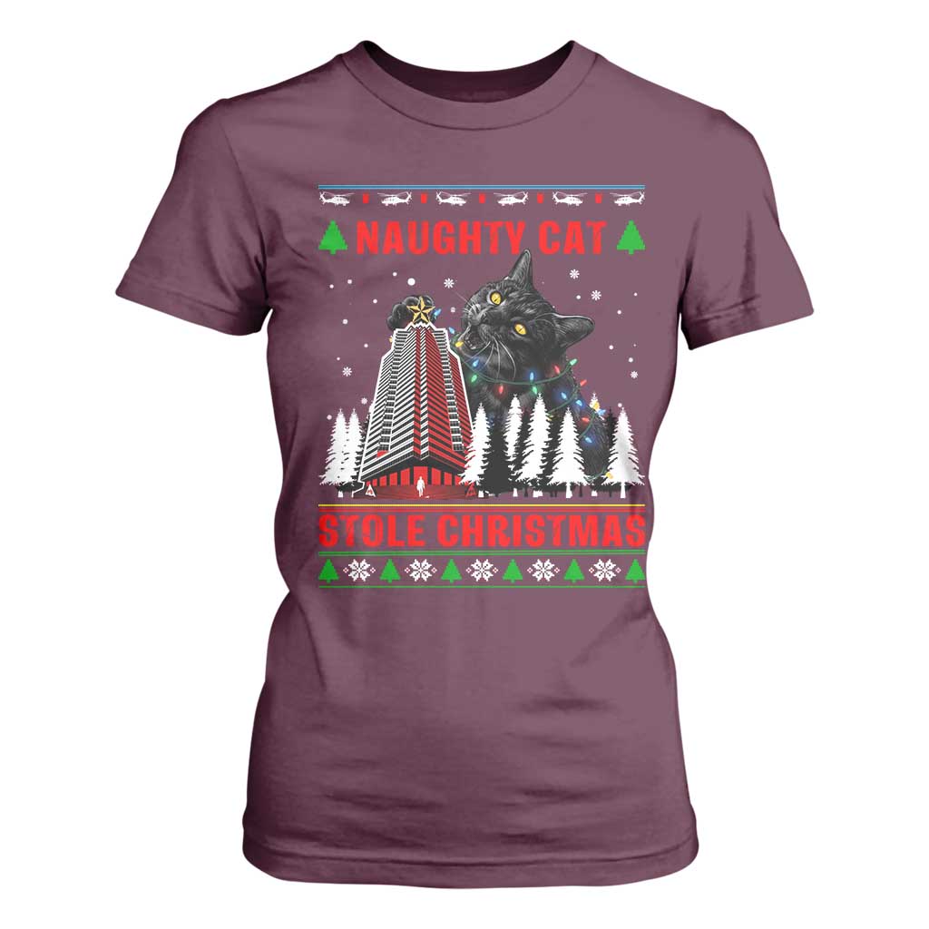 Nakatomi Plaza Christmas T Shirt For Women Funny Naughty Santa Cat Humor TS14 Maroon Print Your Wear