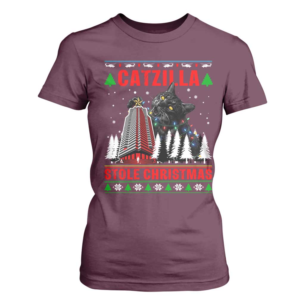 Nakatomi Plaza Christmas T Shirt For Women Funny Catzilla Monster Xmas TS14 Maroon Print Your Wear
