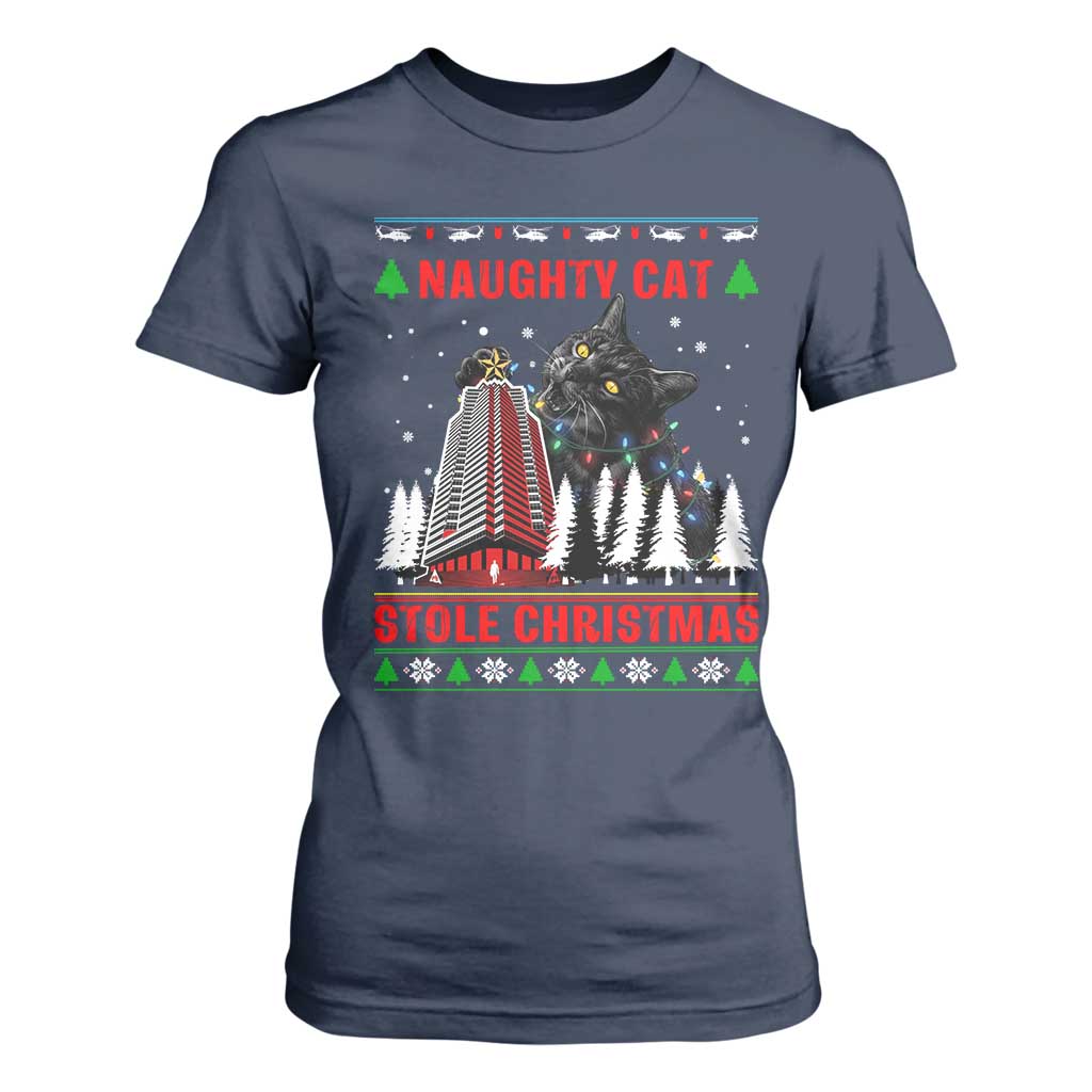 Nakatomi Plaza Christmas T Shirt For Women Funny Naughty Santa Cat Humor TS14 Navy Print Your Wear