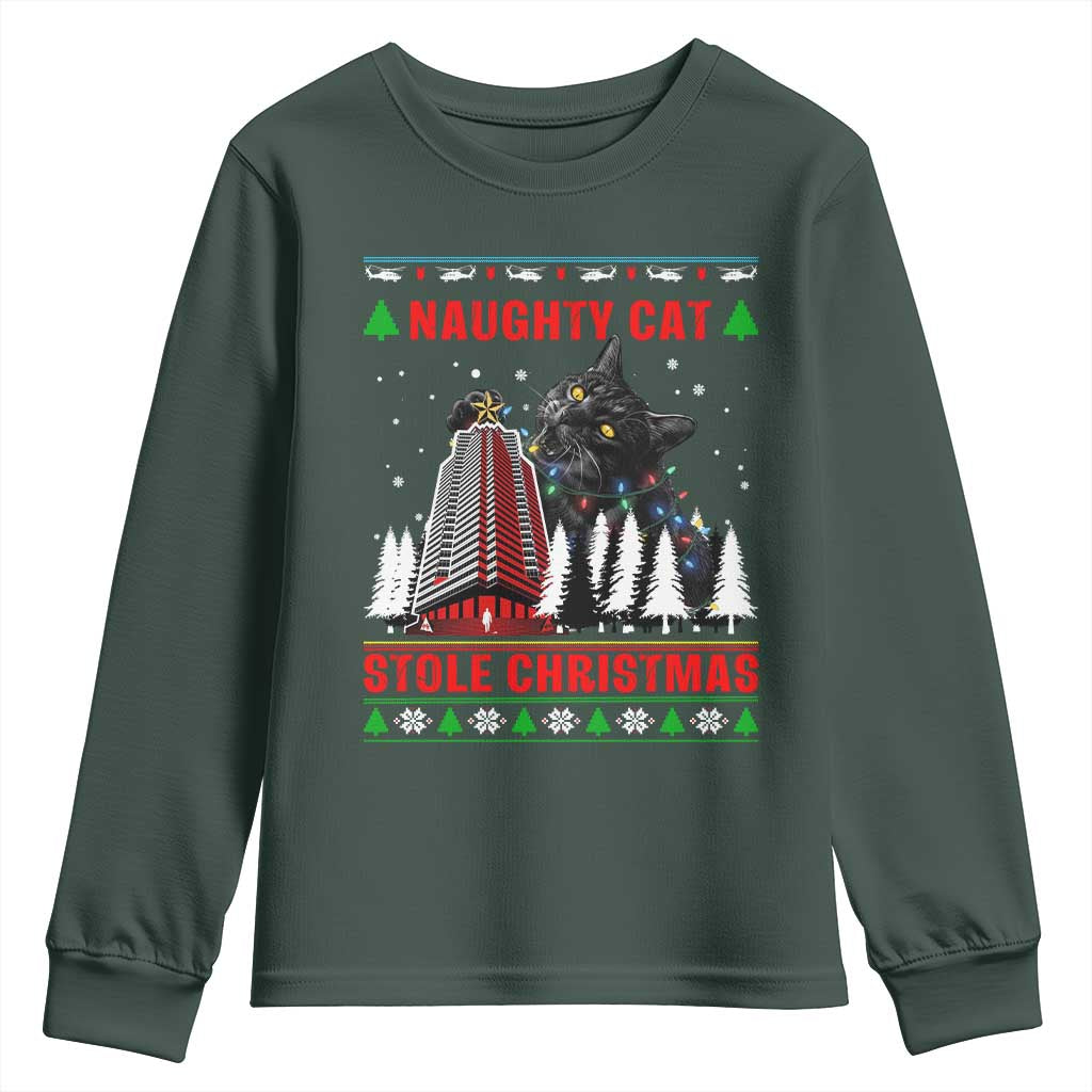 Nakatomi Plaza Christmas Youth Sweatshirt Funny Naughty Santa Cat Humor TS14 Dark Forest Green Print Your Wear