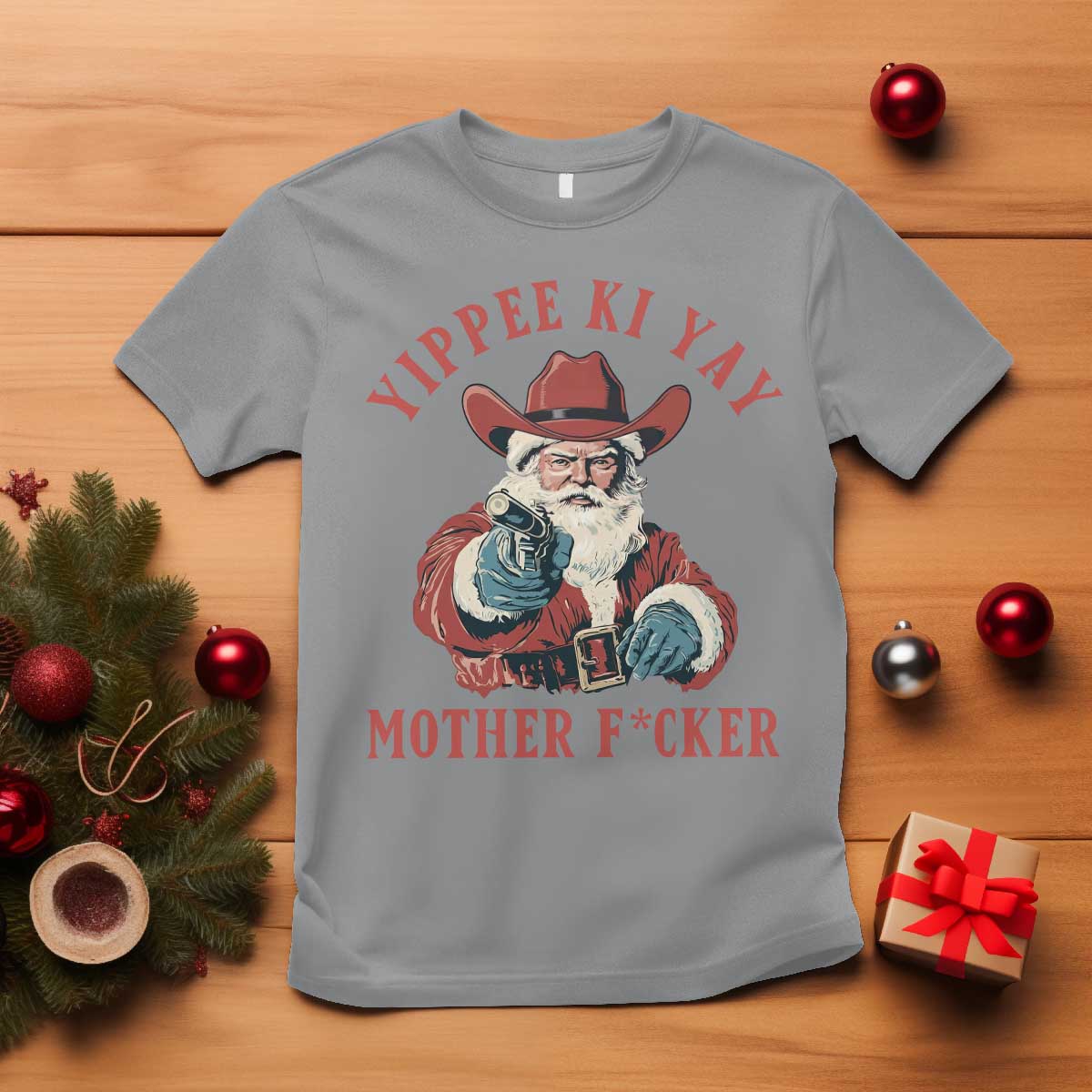Yippee Ki Yay Mother Fcker T Shirt Funny Santa Gun Christmas TS14 Sport Gray Print Your Wear