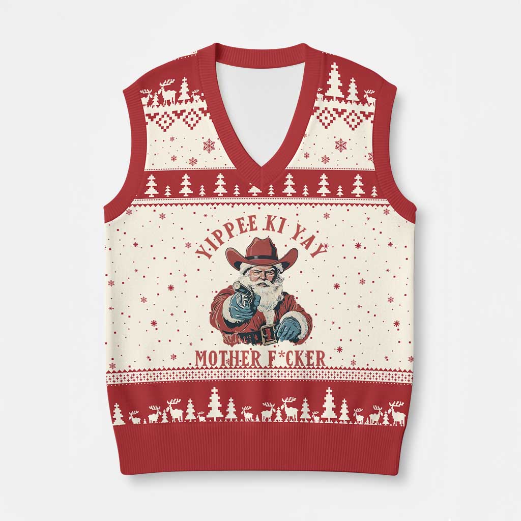 Yippee Ki Yay Mother Fcker V-Neck Knit Sweater Vest Funny Santa Gun Xmas TS14 Beige Red Print Your Wear