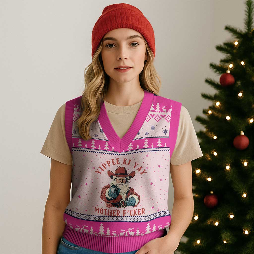 Yippee Ki Yay Mother Fcker V-Neck Knit Sweater Vest Funny Santa Gun Xmas TS14 Hot Pink Print Your Wear