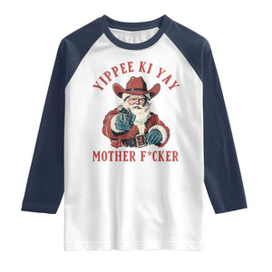 Yippee Ki Yay Mother Fcker Raglan Shirt Funny Santa Gun Christmas TS14 White Navy Print Your Wear