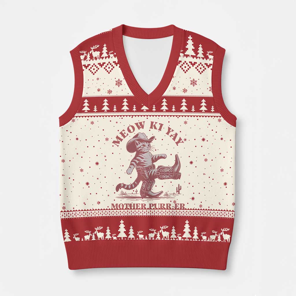Funny Cowboy Cat V-Neck Knit Sweater Vest Western Rodeo Meow Ki Yay Mother Purrer TS14 Beige Red Print Your Wear