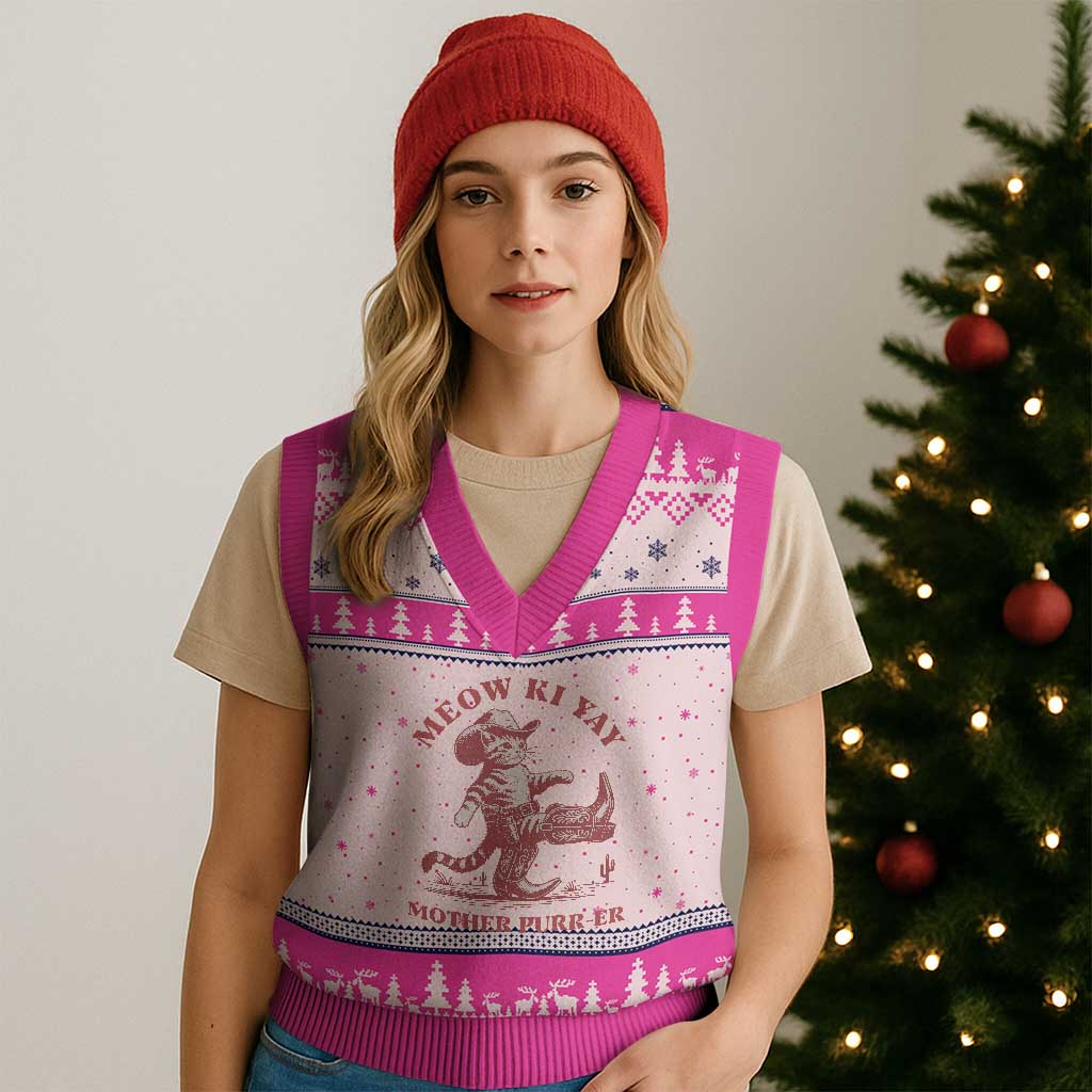 Funny Cowboy Cat V-Neck Knit Sweater Vest Western Rodeo Meow Ki Yay Mother Purrer TS14 Hot Pink Print Your Wear