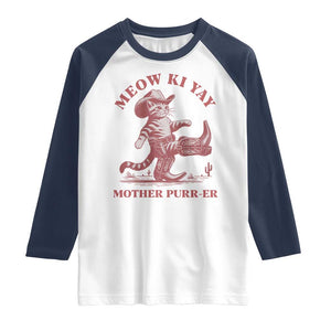 Funny Cowboy Cat Raglan Shirt Western Rodeo Meow Ki Yay Mother Purrer TS14 White Navy Print Your Wear