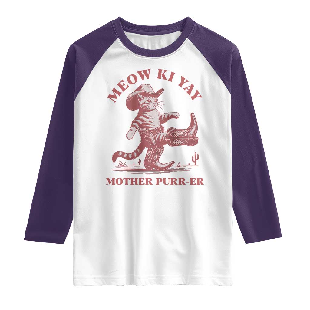 Funny Cowboy Cat Raglan Shirt Western Rodeo Meow Ki Yay Mother Purrer TS14 White Purple Print Your Wear