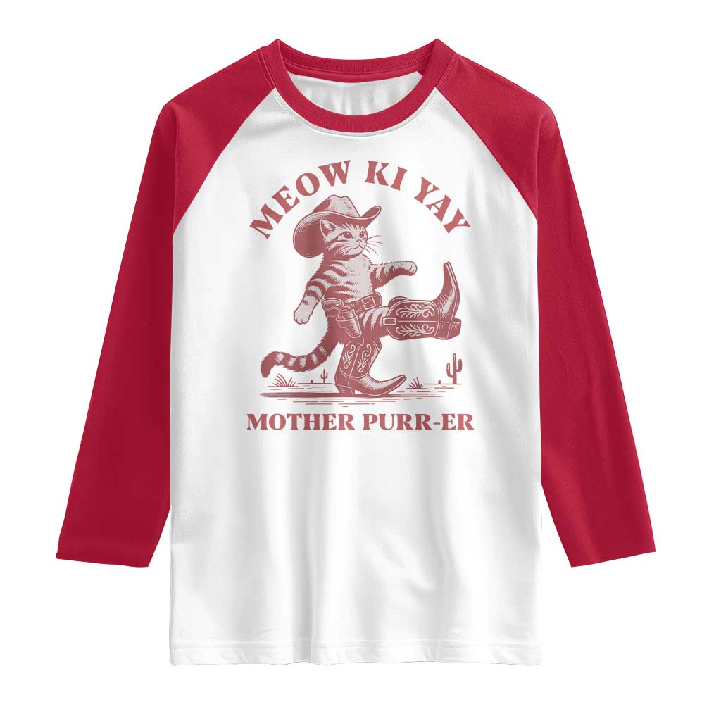 Funny Cowboy Cat Raglan Shirt Western Rodeo Meow Ki Yay Mother Purrer TS14 White Red Print Your Wear