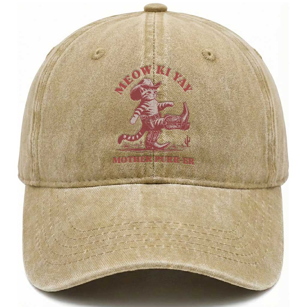 Funny Cowboy Cat Washed Cotton Baseball Cap Western Rodeo Meow Ki Yay Mother Purrer TS14 Washed Cap Universal Fit Khaki Print Your Wear