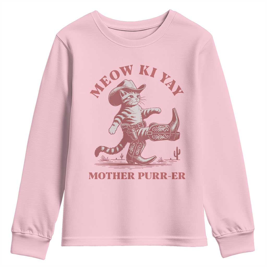 Funny Cowboy Cat Youth Sweatshirt Western Rodeo Meow Ki Yay Mother Purrer TS14 Light Pink Print Your Wear