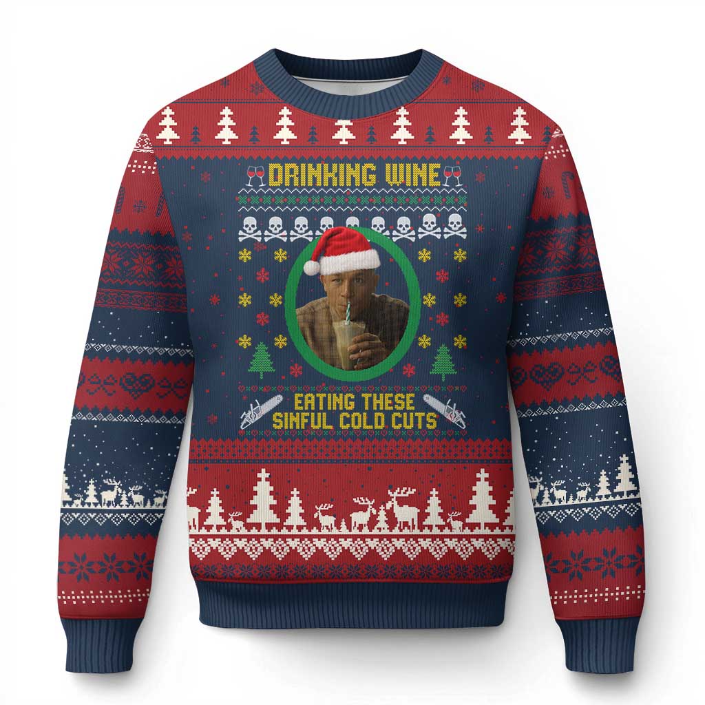 Charlie Hunnam Ed Gein Ugly Christmas Sweater Drinking Wine Eating These Sinful Cold Cuts TS14 Navy Red Print Your Wear