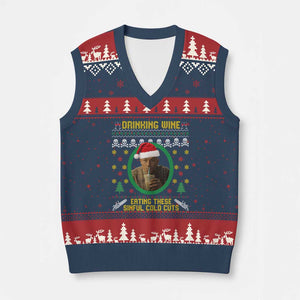 Ed Gein Xmas V-Neck Knit Sweater Vest Drinking Wine Eating These Sinful Cold Cuts TS14 Navy Red Print Your Wear