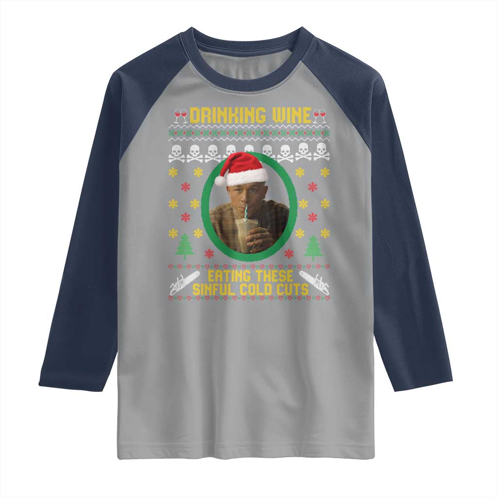 Ed Gein Christmas Raglan Shirt Drinking Wine Eating These Sinful Cold Cuts TS14 Sport Gray Navy Print Your Wear