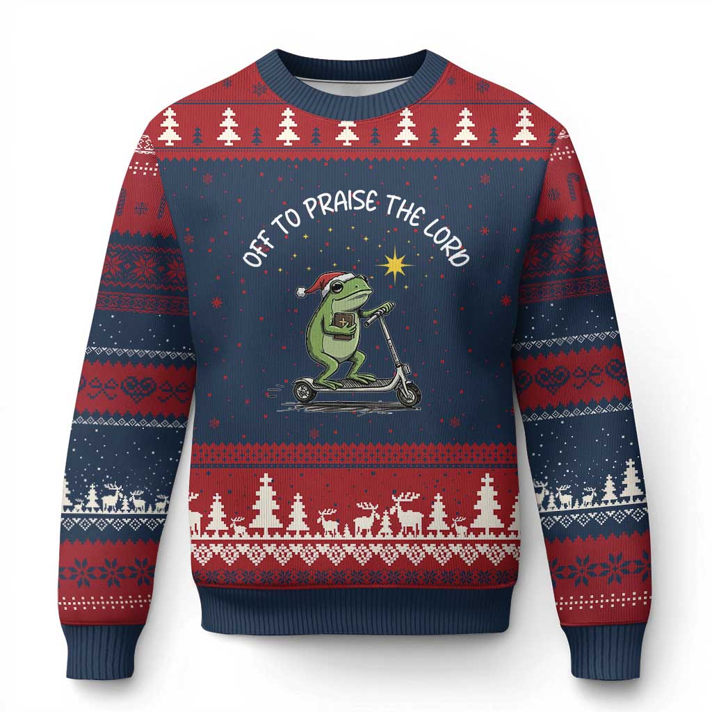 Funny Frog Christian Ugly Christmas Sweater Off To Praise The Lord TS14 Navy Red Print Your Wear
