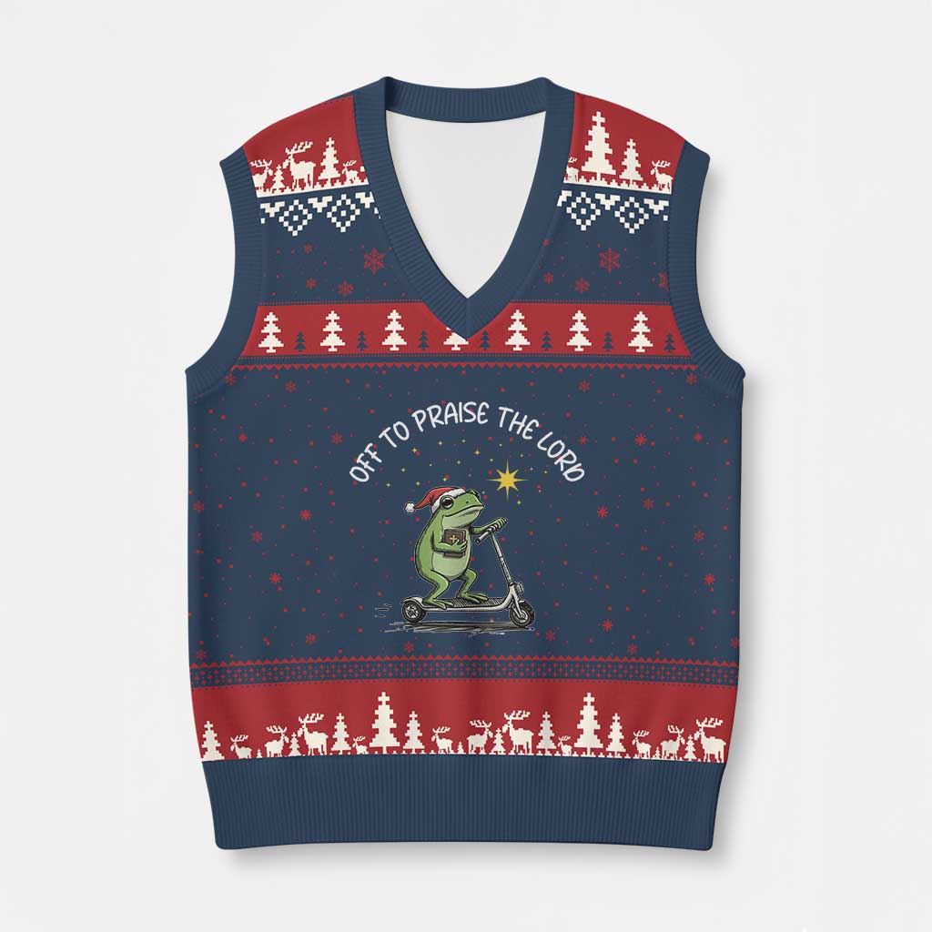 Funny Frog Christian V-Neck Knit Sweater Vest Off To Praise The Lord TS14 Navy Red Print Your Wear