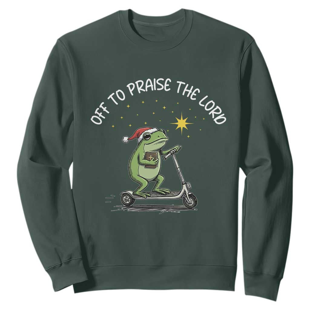 Funny Frog Christian Sweatshirt Off To Praise The Lord TS14 Dark Forest Green Print Your Wear
