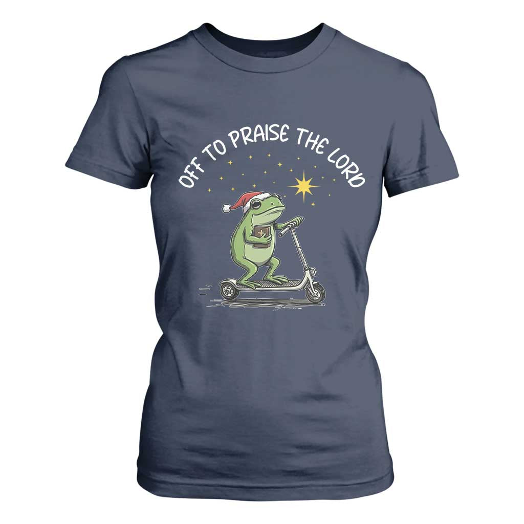 Funny Frog Christian T Shirt For Women Off To Praise The Lord TS14 Navy Print Your Wear