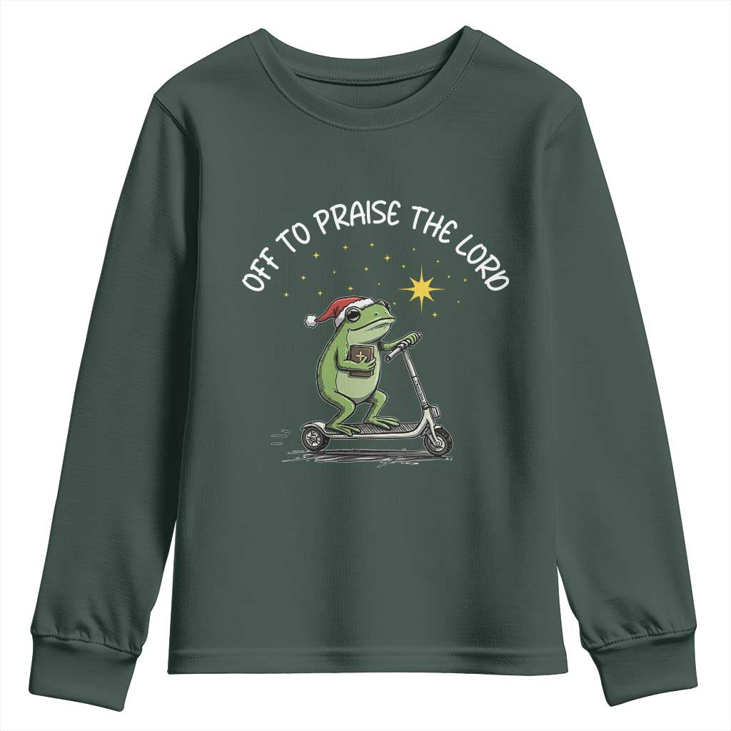 Funny Frog Christian Youth Sweatshirt Off To Praise The Lord TS14 Dark Forest Green Print Your Wear