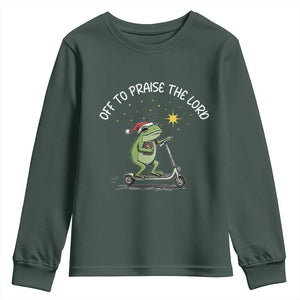 Funny Frog Christian Youth Sweatshirt Off To Praise The Lord TS14 Dark Forest Green Print Your Wear