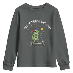 Funny Frog Christian Youth Sweatshirt Off To Praise The Lord TS14 Dark Heather Print Your Wear