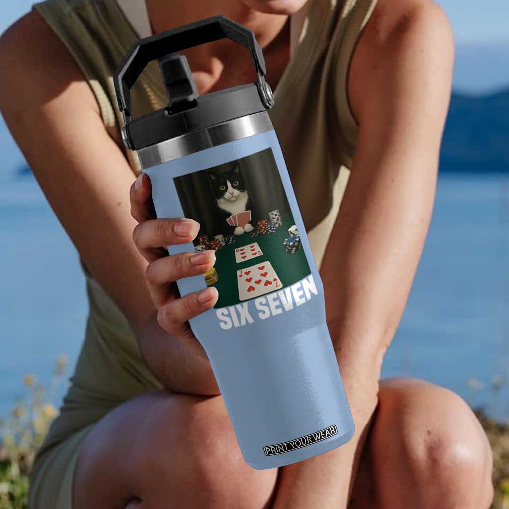 67 Poker Cat Flip Straw Tumbler Funny Six Seven Meme TS14 One Size: 30 oz Light Blue Print Your Wear