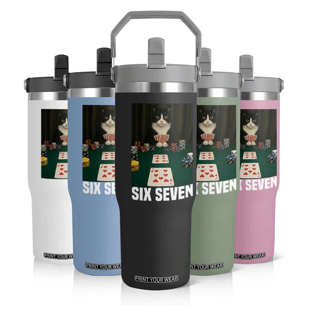 67 Poker Cat Flip Straw Tumbler Funny Six Seven Meme TS14 Print Your Wear