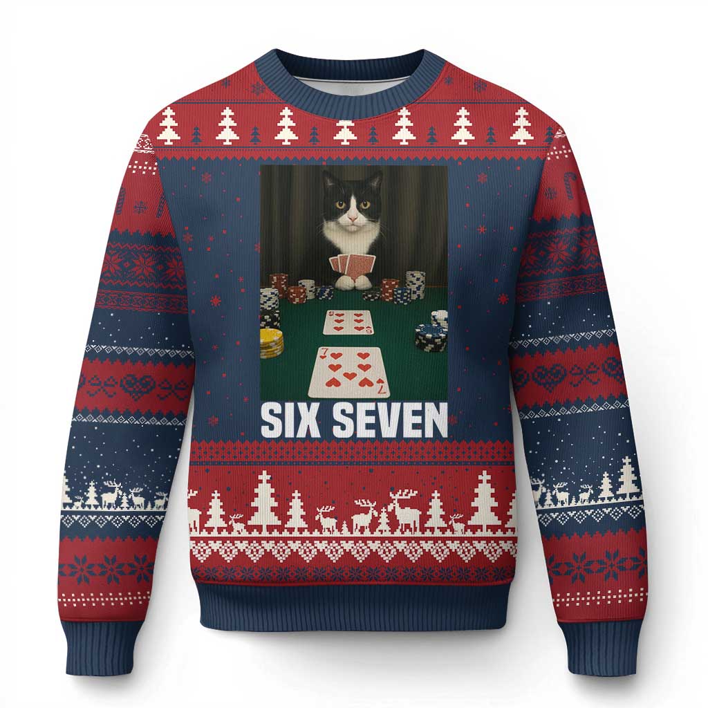 67 Poker Cat Ugly Christmas Sweater Funny Six Seven Meme TS14 Navy Red Print Your Wear