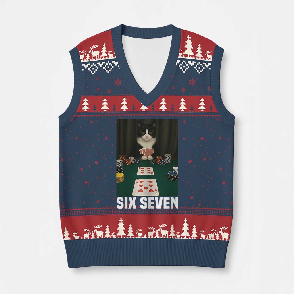 67 Poker Cat V-Neck Knit Sweater Vest Funny Six Seven Meme TS14 Navy Red Print Your Wear