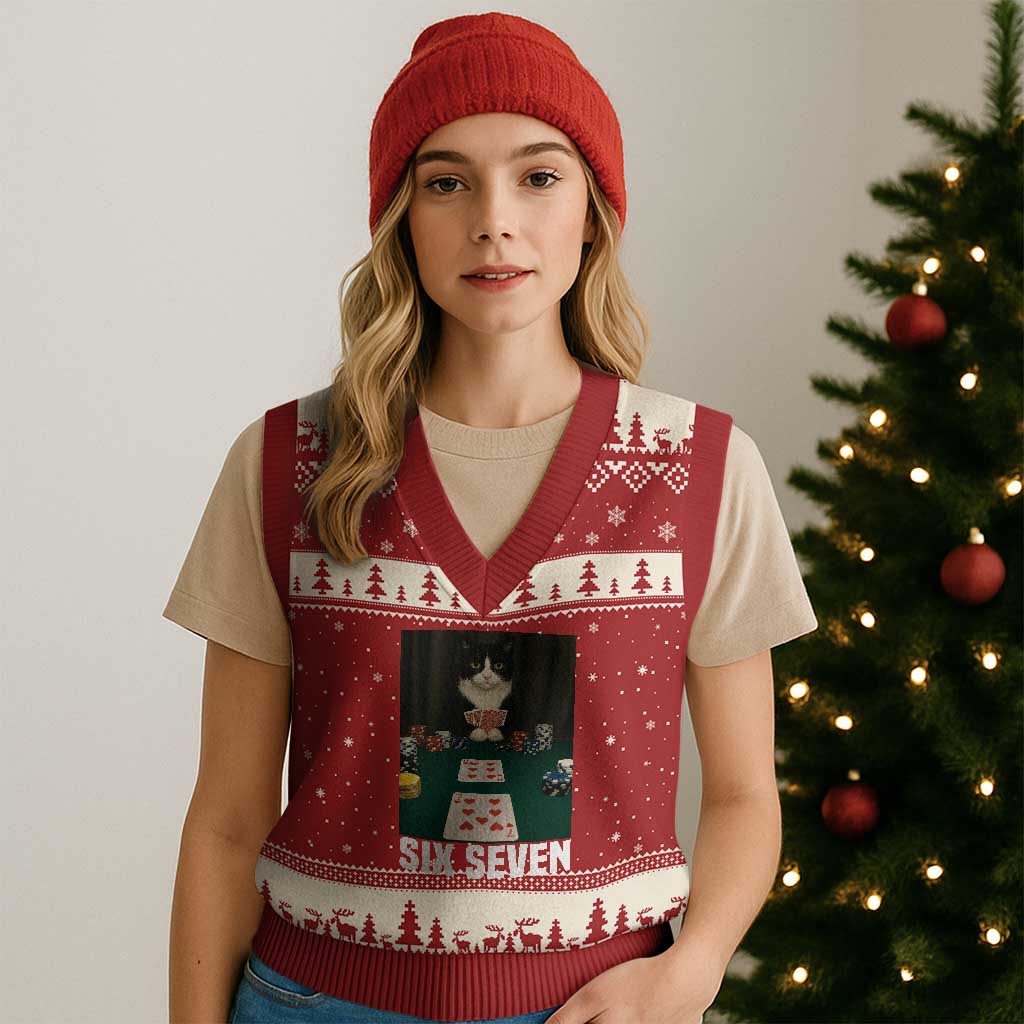67 Poker Cat V-Neck Knit Sweater Vest Funny Six Seven Meme TS14 Red Beige Print Your Wear