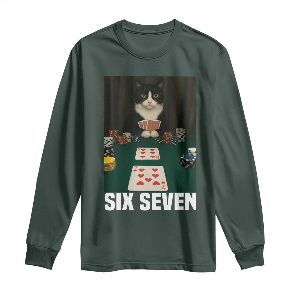 67 Poker Cat Long Sleeve Shirt Funny Six Seven Meme TS14 Dark Forest Green Print Your Wear