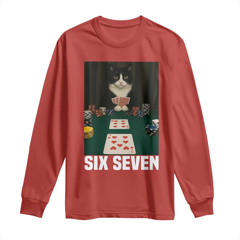 67 Poker Cat Long Sleeve Shirt Funny Six Seven Meme TS14 Red Print Your Wear