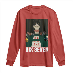 67 Poker Cat Long Sleeve Shirt Funny Six Seven Meme TS14 Red Print Your Wear