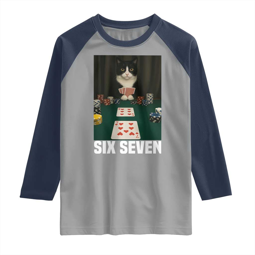 67 Poker Cat Raglan Shirt Funny Six Seven Meme TS14 Sport Gray Navy Print Your Wear