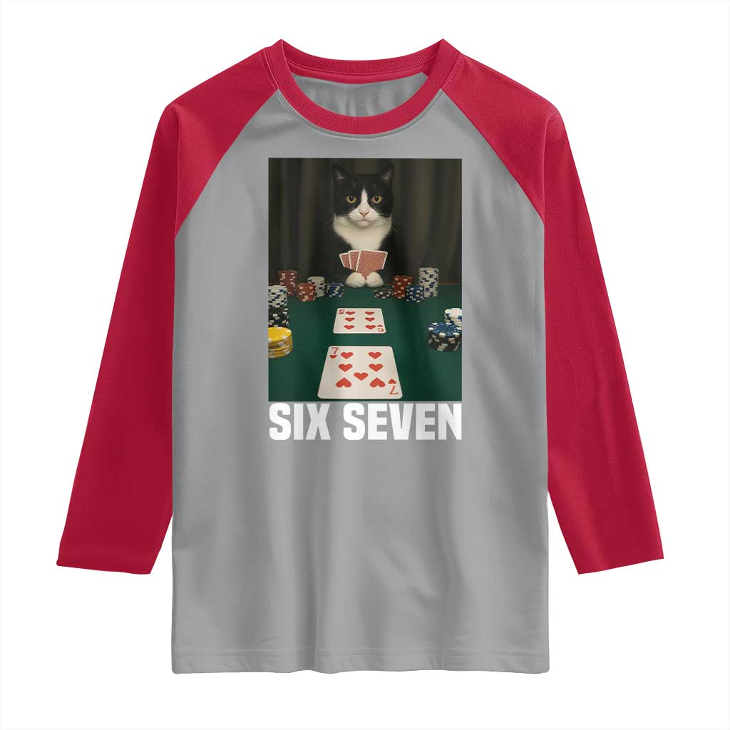 67 Poker Cat Raglan Shirt Funny Six Seven Meme TS14 Sport Gray Red Print Your Wear