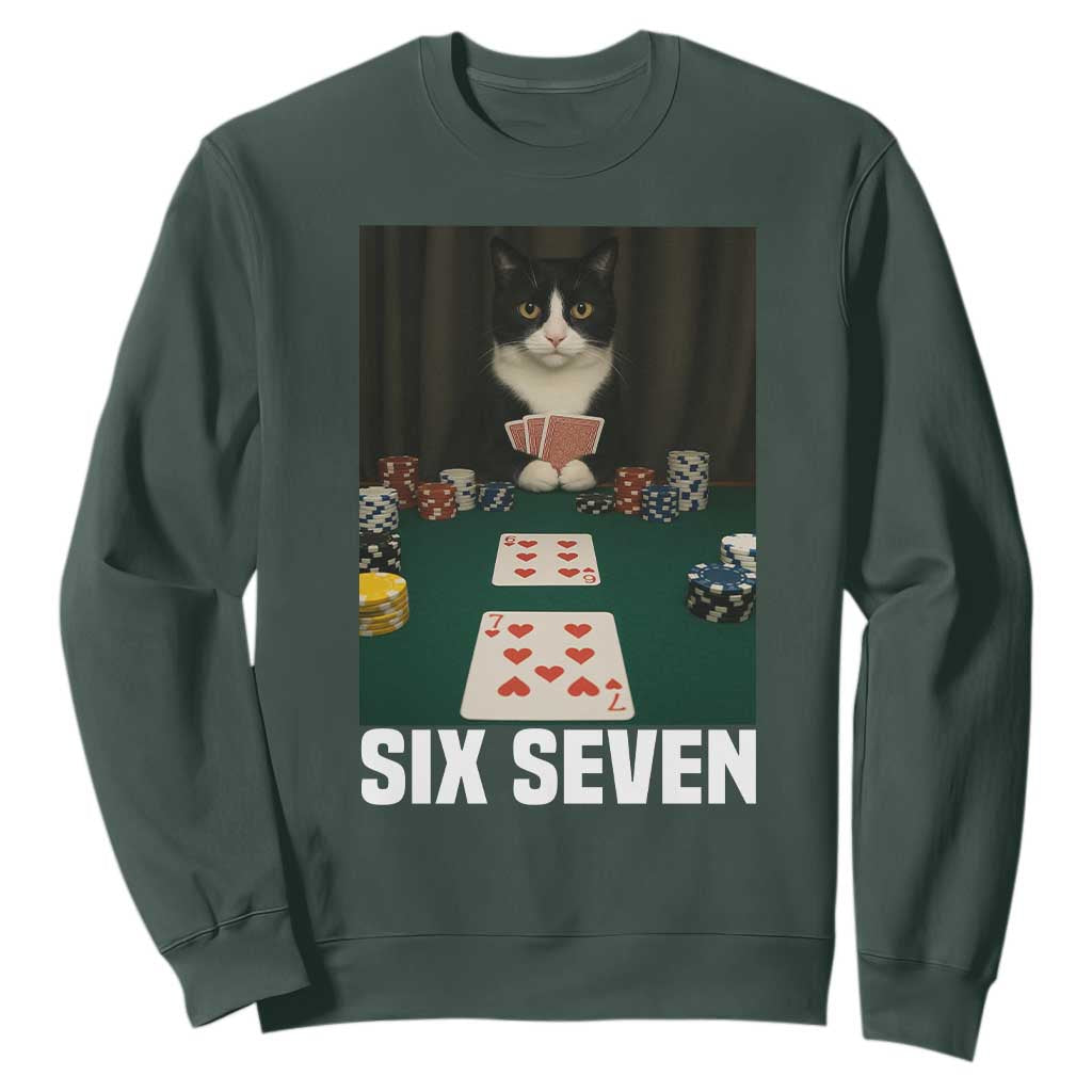 67 Poker Cat Sweatshirt Funny Six Seven Meme TS14 Dark Forest Green Print Your Wear